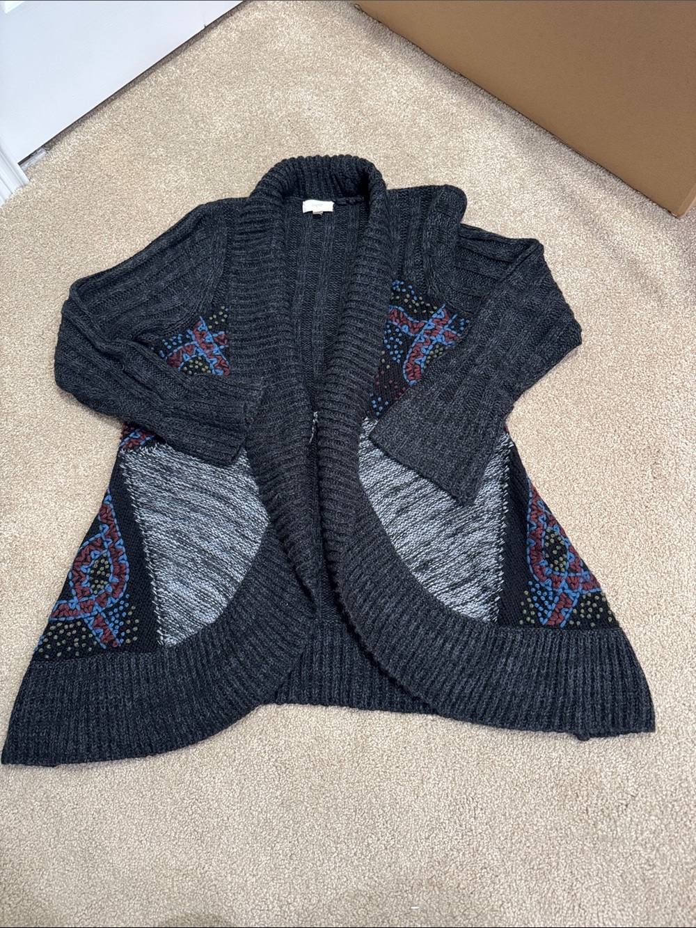 Cupio Charcoal Open-Front Cardigan with Multicolor Pattern Panels